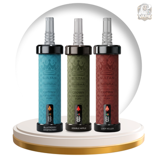 Buy Sultan Shisha 100K Puff 2mg Disposable Vape in UAE, Three Sultan Shisha vape pens in blue, green, and red on a white and gold stand with a clear dome.