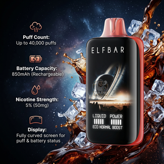 Elf bar Moon Night 40000 Puffs Vape 50mg in UAE Cola Ice, Elfbar vape device with specifications on a dark background with liquid effects