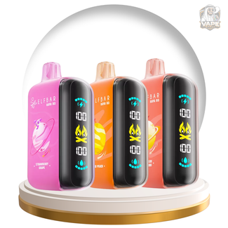 Elf bar Raya D3 25000 Puffs Disposable Vape 50mg in UAE, Set of colorful vape devices on a rotating stand with a transparent dome cover.
