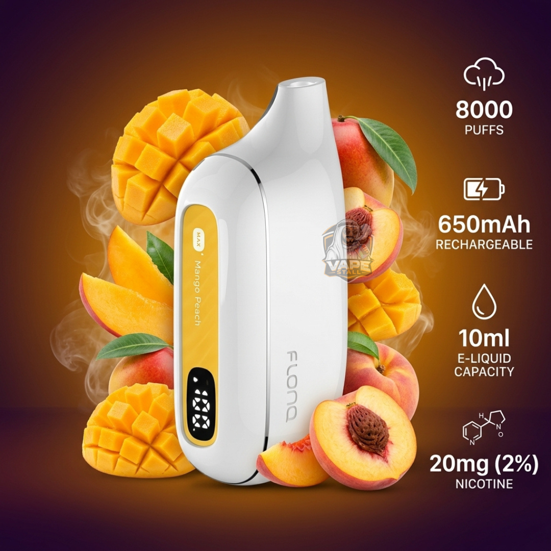 Flonqmaxs8000puffs20mgMangoPeach, Vape device with mango and peach slices on a dark background