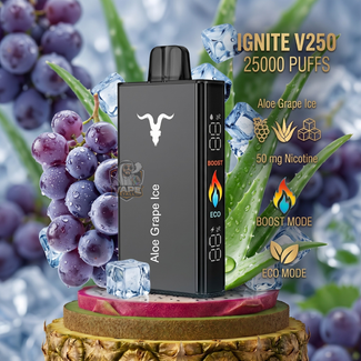 IGNITEV25025000puffs50mgAloeGrapeIce, Vape device with aloe vera and grapes on a decorative stand