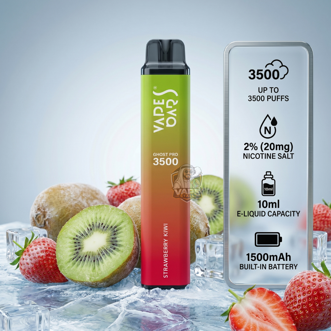 VapesBarsGhostPro3500Puffs20MGStrawberryKiwi, Vape device with strawberry kiwi flavor surrounded by strawberries and kiwis on a light gray background