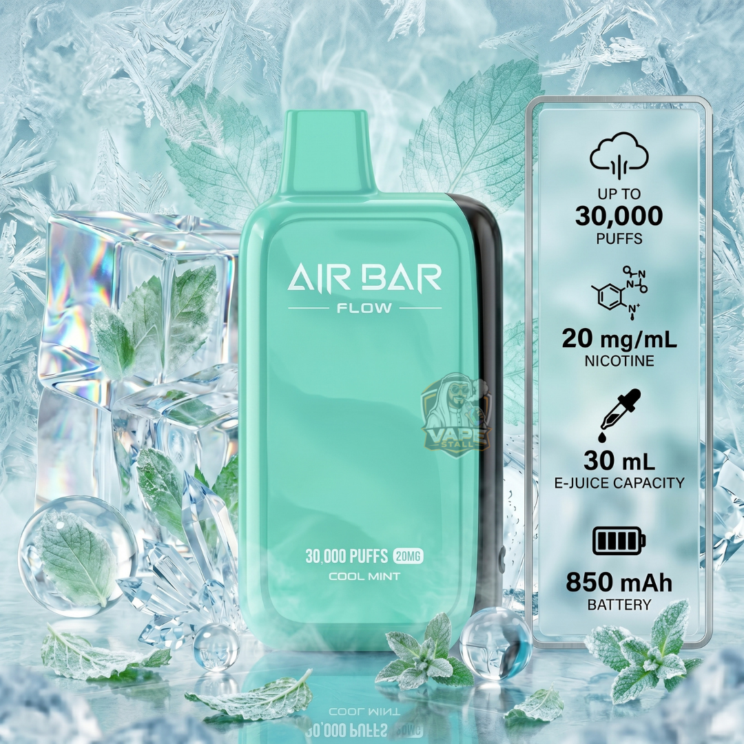 Airbar30000puffs20mgMtlCoolMint, Green Air Bar Flow vape device with specifications on a icy background