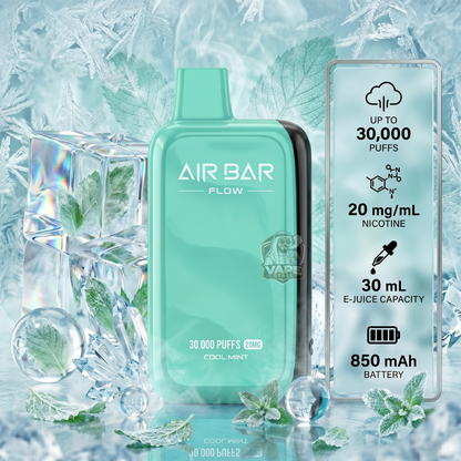 Airbar30000puffs20mgMtlCoolMint, Green Air Bar Flow vape device with specifications on a icy background