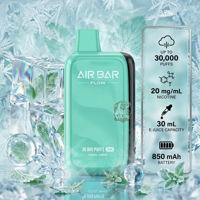 Airbar30000puffs20mgMtlCoolMint, Green Air Bar Flow vape device with specifications on a icy background