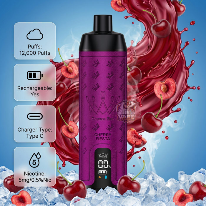 AlFakherCrownBar12000Puffs5MGCHERRYFIESTA, Purple vape device with cherry-themed design on a blue background with cherries and ice.