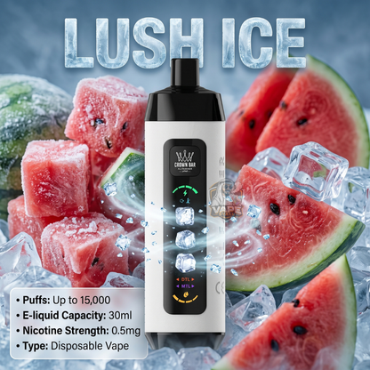 AlFakherCrownBarIceAdjustDisposable15000PuffsLushIce, Disposable vape with watermelon and ice cubes in the background, labeled 'Lush Ice'.