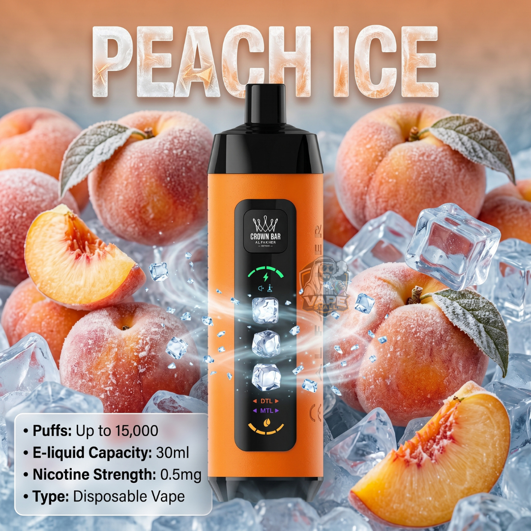 AlFakherCrownBarIceAdjustDisposable15000PuffsPeachice, Disposable vape with peach ice flavor packaging surrounded by peaches and ice cubes.