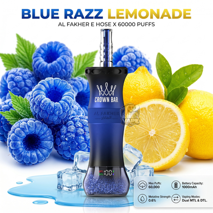 AlFakherEHoseX60000PuffsCrownBarHookahBlueRazzLemonade, Vape device with blueberries and lemons on a white background, labeled 'Blue Razz Lemonade'.