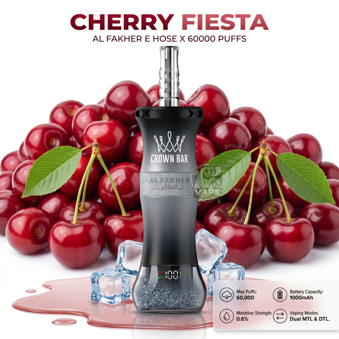 AlFakherEHoseX60000PuffsCrownBarHookahCherryFieasta, Crown Bar vape device with cherry and ice elements on a white background