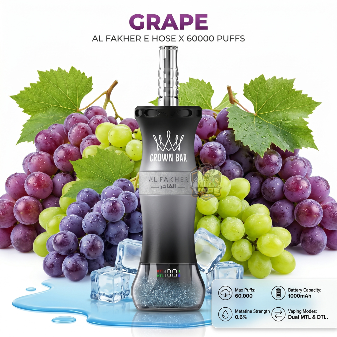 AlFakherEHoseX60000PuffsCrownBarHookahGrape, Al Fakher vape device with grapes and ice cubes on a white background