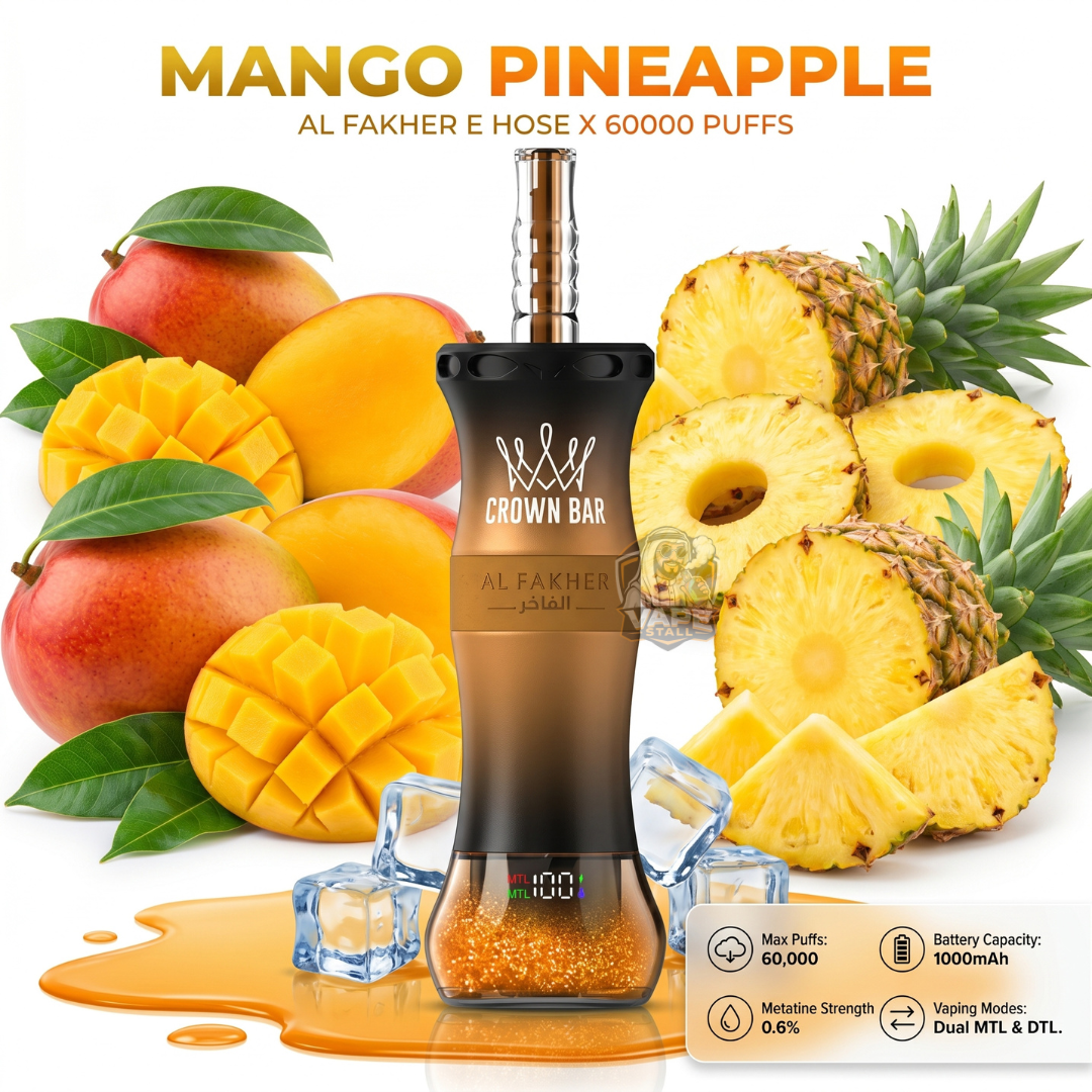 AlFakherEHoseX60000PuffsCrownBarHookahMangoPineapple, Alfakher vape device with mango and pineapple graphics on a white background