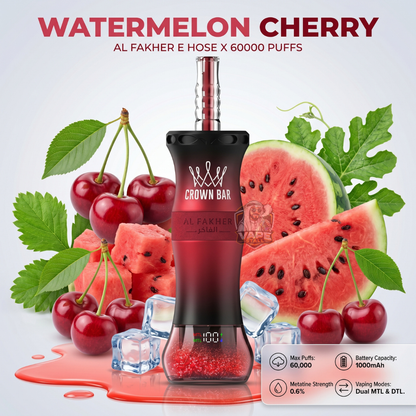 AlFakherEHoseX60000PuffsCrownBarHookahWatermelonCherry, Al Fakher vape device with watermelon and cherry theme on a light gray background