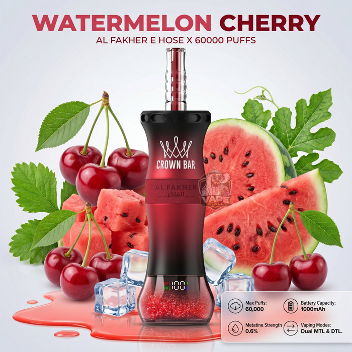 AlFakherEHoseX60000PuffsCrownBarHookahWatermelonCherry, Al Fakher vape device with watermelon and cherry theme on a light gray background