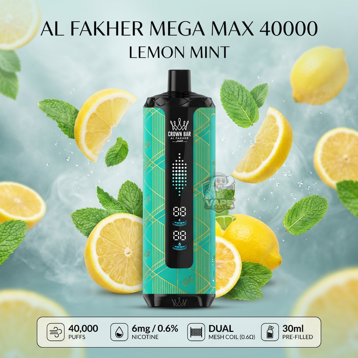 AlFakherMegaMax40000LemonMint, Vape device with lemon and mint leaves on a light blue background