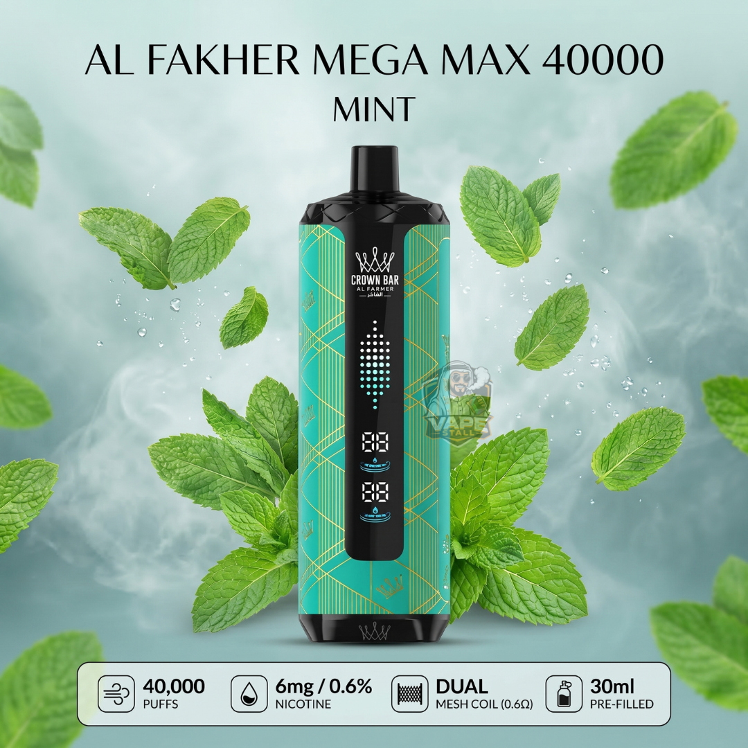 AlFakherMegaMax40000Mint, Vape device with mint leaves on a light blue background