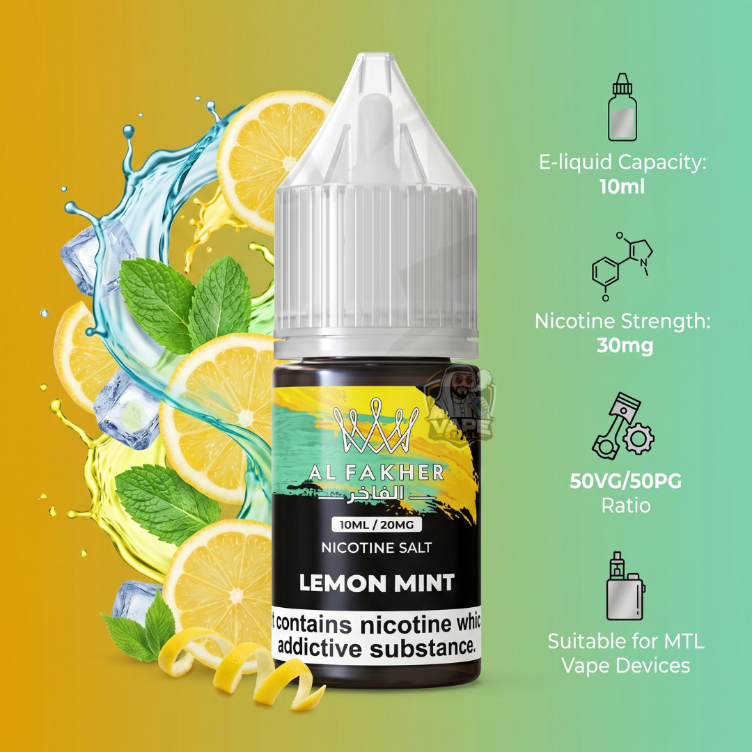 AlFakherSaltNicotine30mgE-LiquidLemonMint, Al Fakher Lemon Mint e-liquid bottle with lemon slices and mint leaves on a gradient background