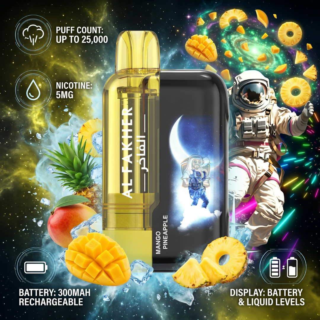 AlFakherUltra25000PuffsMangoPineapple, Vape device with mango pineapple flavor, space-themed background, and astronaut illustration.