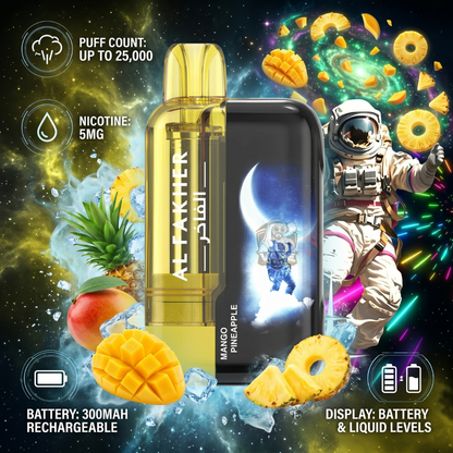 AlFakherUltra25000PuffsMangoPineapple, Vape device with mango pineapple flavor, space-themed background, and astronaut illustration.