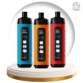 Buy Al Fakher Crown Bar Ice Adjust 15000 Puff 6mg Vape UAE, Three vape devices in blue, orange, and red on a white stand with a clear dome.