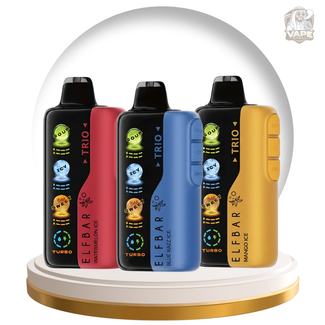 Buy Elf bar Trio 40000 Puffs 50mg Disposable Vape in UAE, Four Elfbar Trio vape devices in different colors under a transparent dome on a white background.