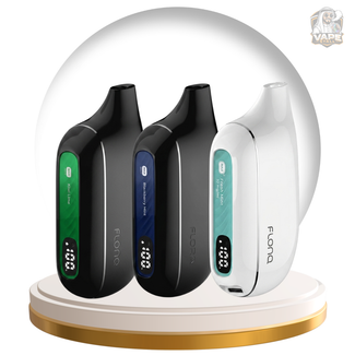Buy Flonq Max S 8000 Puffs 20mg Disposable Vape in UAE, Three FLONQ vaping devices on a white and gold stand with a clear dome cover.