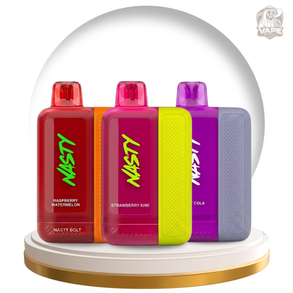 Three colorful vape devices with 'Nasty' branding under a transparent dome on a white background.