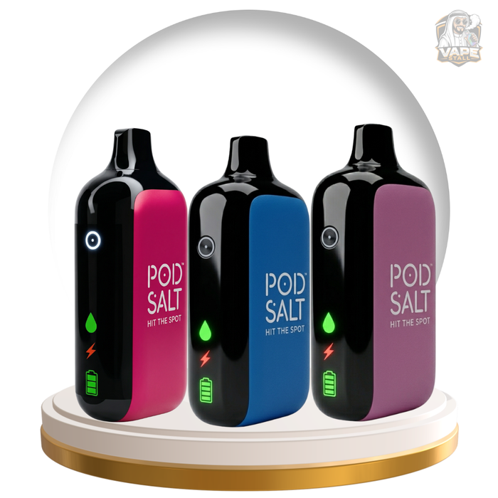 Buy Pod Salt 35000 Puffs 20mg Disposable Vape in UAE, Three Pod Salt vape devices on a display stand with a clear dome cover.