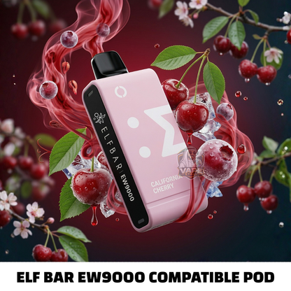 Pink ELF BAR EW9000 compatible pod surrounded by cherries and ice cubes on a dark background