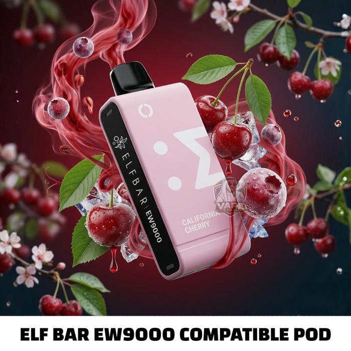 Pink ELF BAR EW9000 compatible pod surrounded by cherries and ice cubes on a dark background