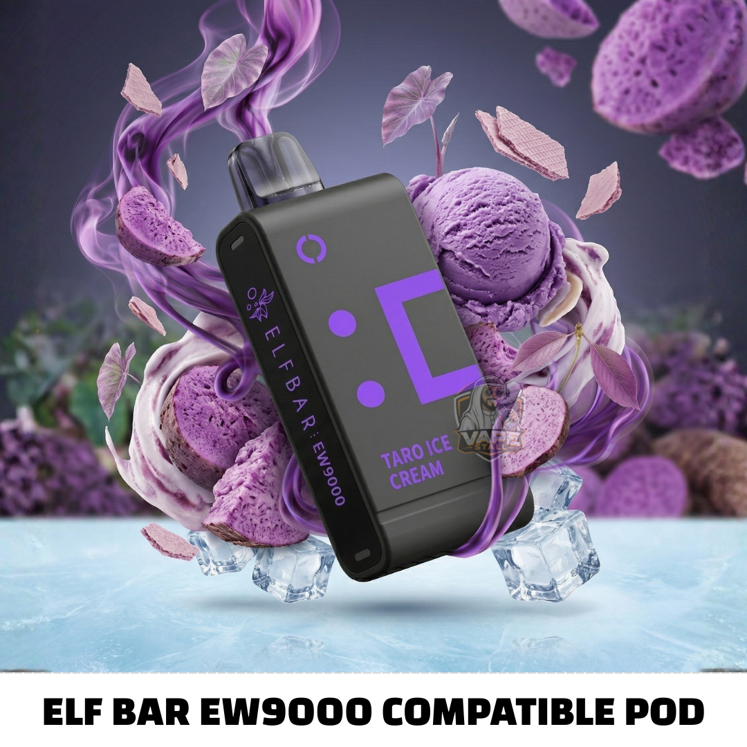 ELF BAR EW9000 compatible pod with purple ice cream and flowers on a dark background
