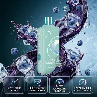ELFBAR JoinOne Ice 25000 Puffs Blueberry ice, Vape device with ice cubes and blueberries on a dark background