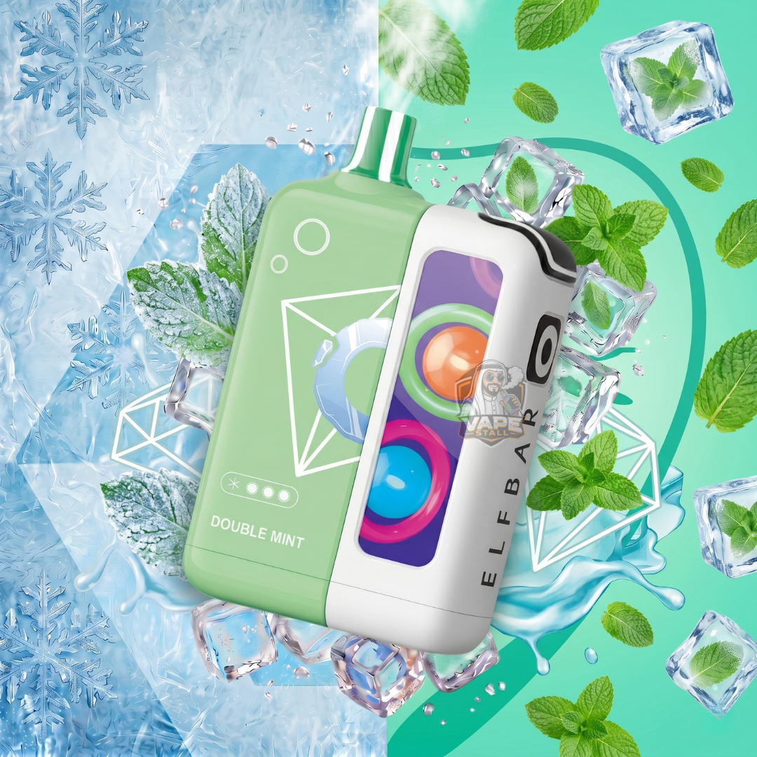 ELFBARJoinOneIce25000PuffsDoubleMint, Elf bar vape device with green case on a mint green background with ice cubes and mint leaves.