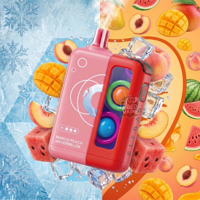 ELFBARJoinOneIce25000PuffsMangoPeachWatermelon, Colorful vape device with fruit-themed design on a vibrant background
