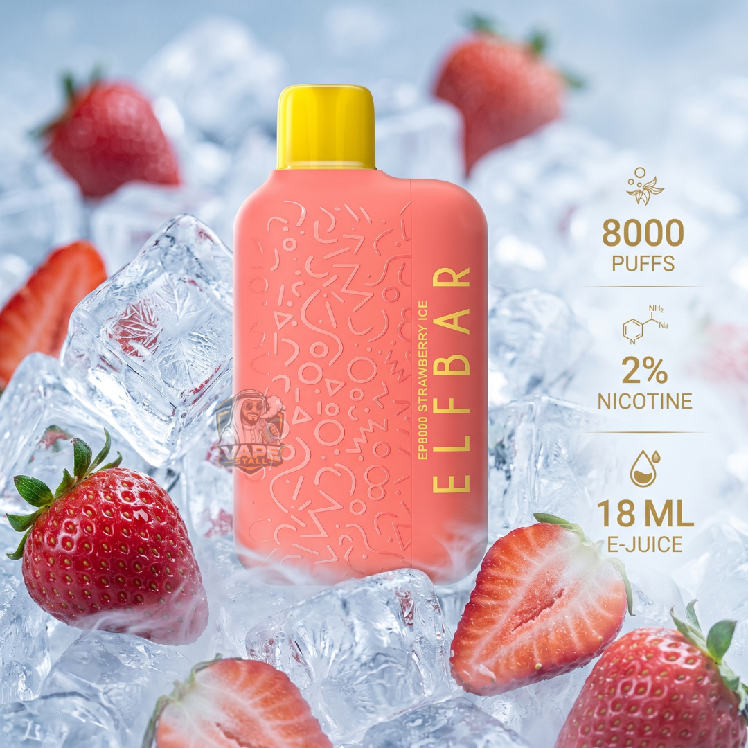 ELFBarEP8000PuffsStrawberryIce, Pink vape device with yellow cap on ice and strawberries, brand 'ELF BAR' visible