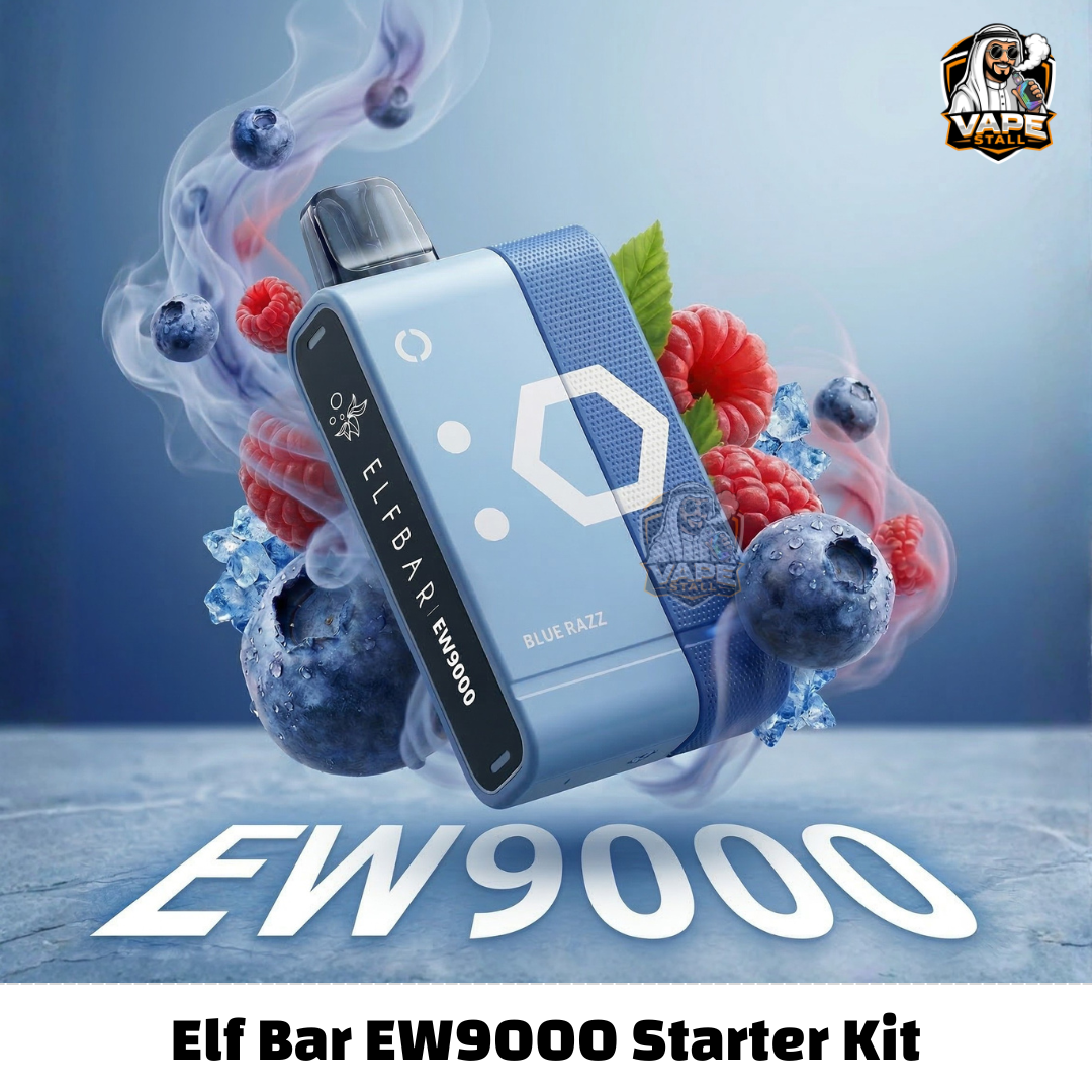 EW9000PrefilledPodKitBLUERAZZ, Elf Bar EW9000 Starter Kit with blueberries and berries on a light blue background