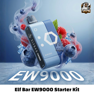 EW9000PrefilledPodKitBLUERAZZ, Elf Bar EW9000 Starter Kit with blueberries and berries on a light blue background