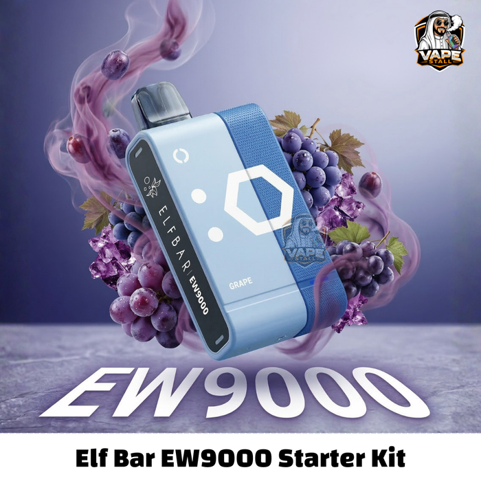 EW9000PrefilledPodKitGRAPE, Elf Bar EW9000 vape starter kit with grapes and smoke on a purple background