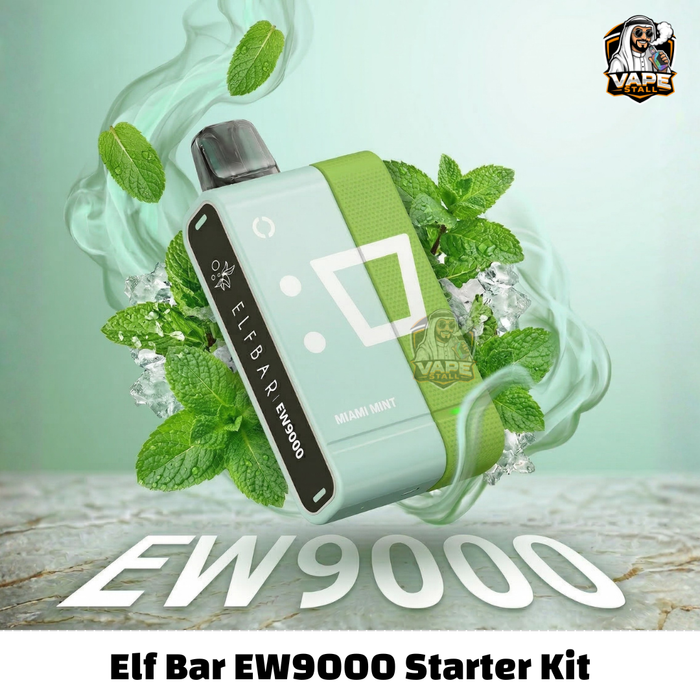 EW9000PrefilledPodKitMiamiMint, Elf Bar EW9000 starter kit with mint leaves on a light green background
