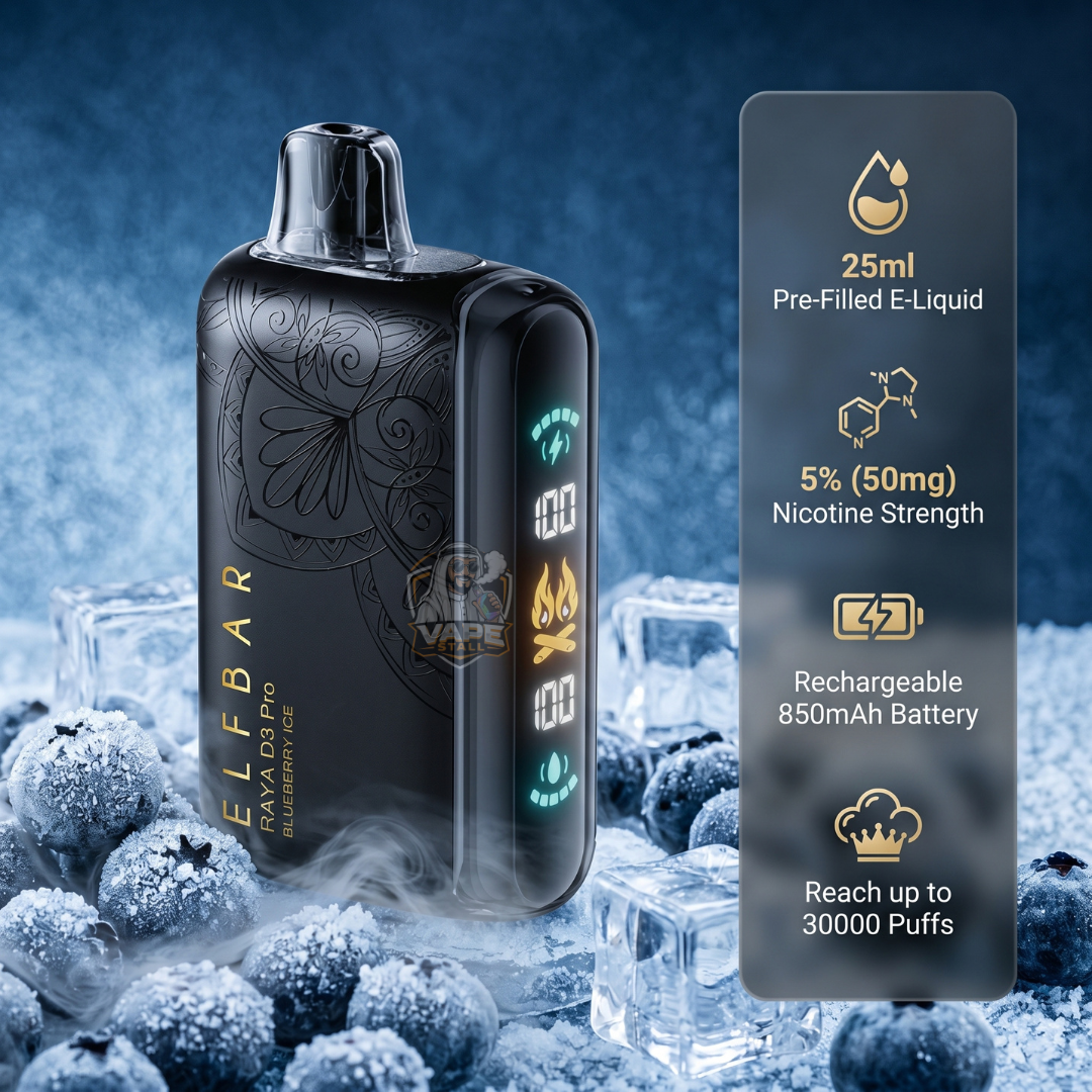ElfBar30000PuffsRayaD3ProBlueberryice, Vape device with blueberries and ice cubes on a dark background