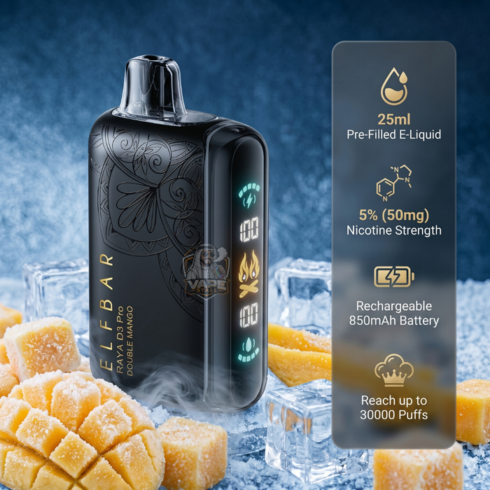ElfBar30000PuffsRayaD3ProDoubleMango, Vape device with mango pieces and ice cubes on a blue background