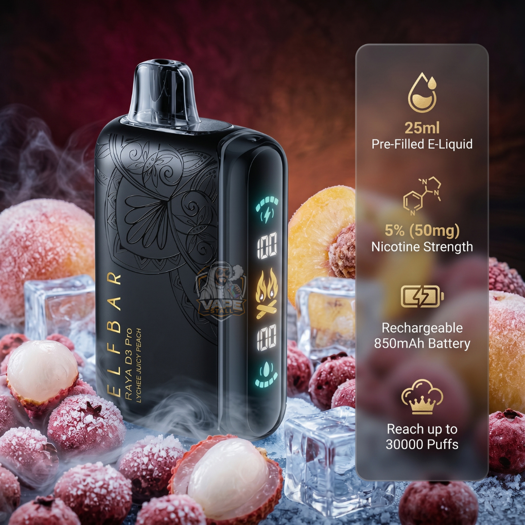 ElfBar30000PuffsRayaD3ProLycheeJuicyPeach, Black vape device with fruit and ice background, featuring Elebar branding.