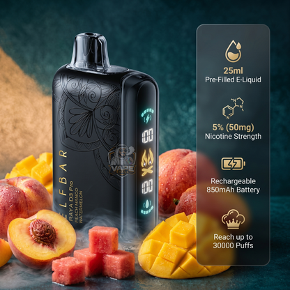 ElfBar30000PuffsRayaD3ProPeachMangoWatermelon, Black vape device with fruit-themed design on a dark background
