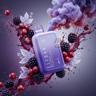 ElfBarBC10000Puffs20_50MGBlackberryCranberry, Purple Elf Bar vape device surrounded by berries and smoke on a dark background