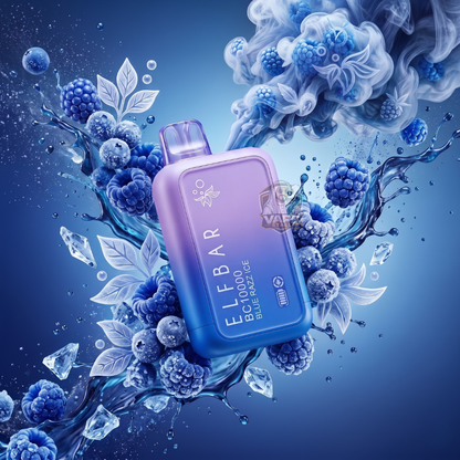 ElfBarBC10000Puffs20_50MGBlueRazzIce, Blue Elf Bar vape device surrounded by blueberries and floral elements on a blue background