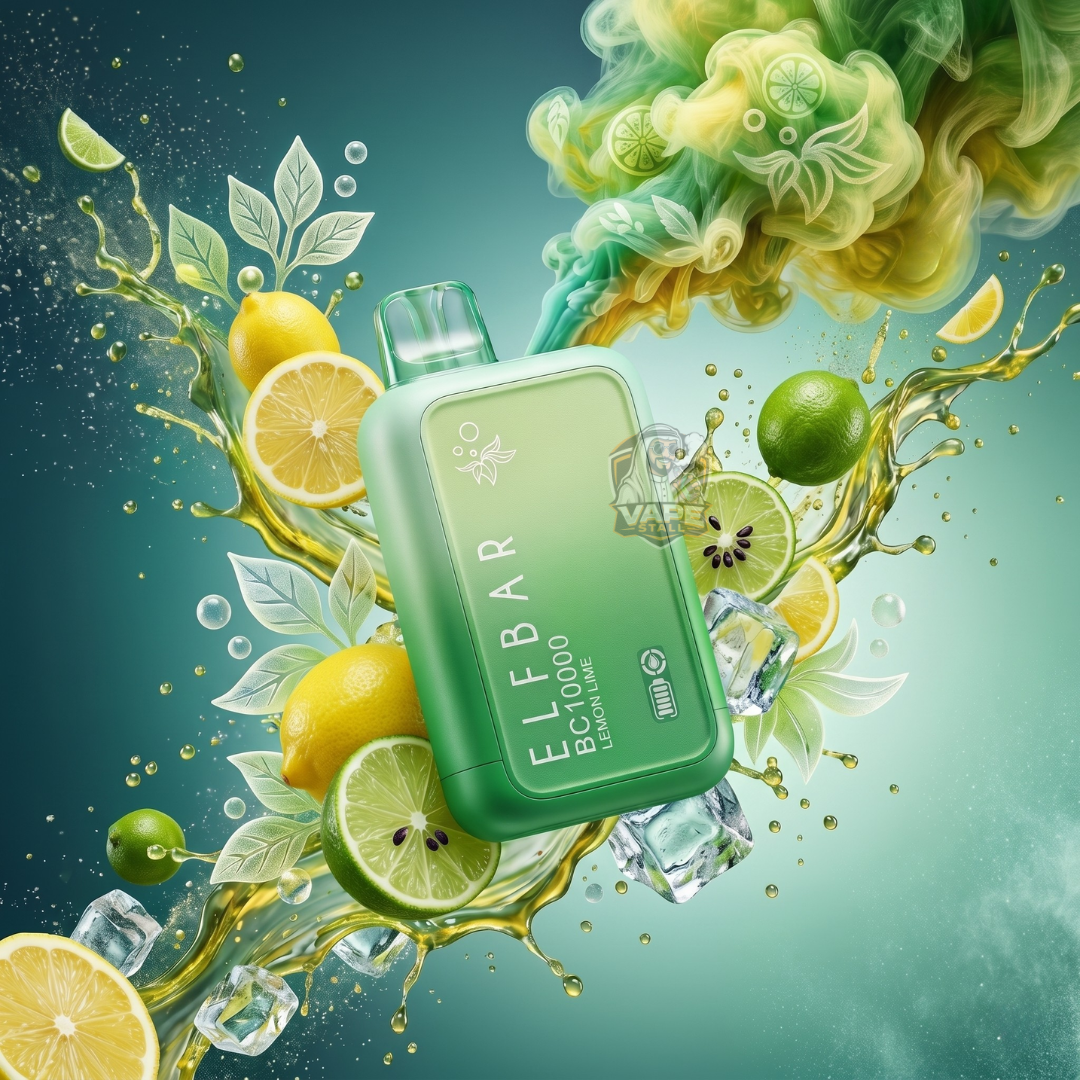 ElfBarBC10000Puffs20_50MGLemonLime, Green bottle with lemon and lime elements on a green background