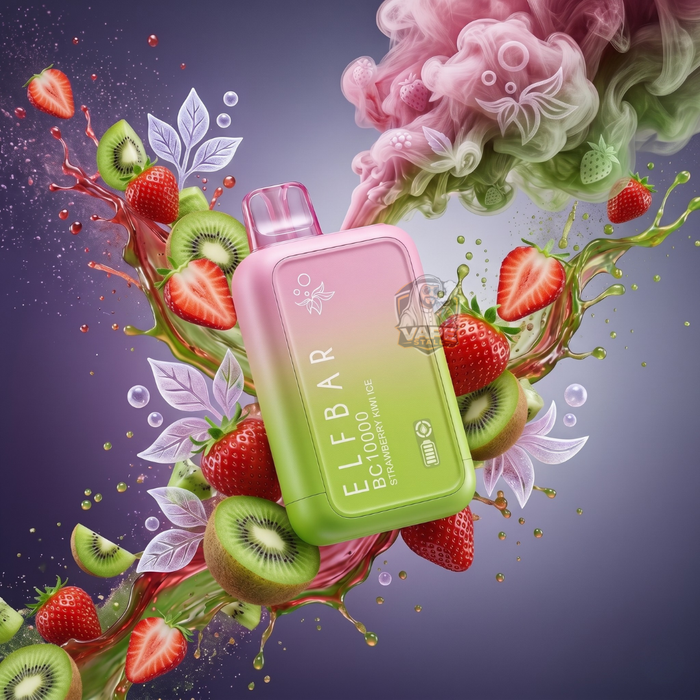 ElfBarBC10000Puffs20_50MGStrawberryKiwiIce, Colorful vape device with fruits and flowers on a vibrant background