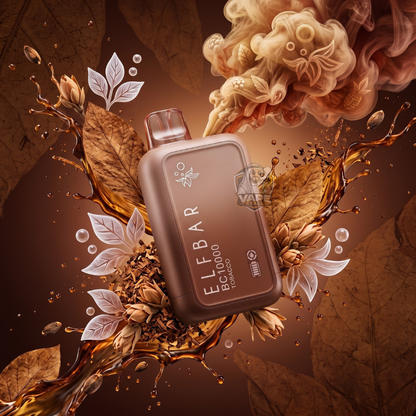 ElfBarBC10000Puffs20_50MGTobacco, Elf Bar vape device surrounded by leaves and smoke on a dark background