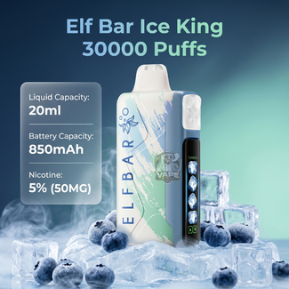 ElfBarIceKing30000PuffsBlueberryice, Elf Bar Ice King vape device with blueberries and ice cubes on a gradient background