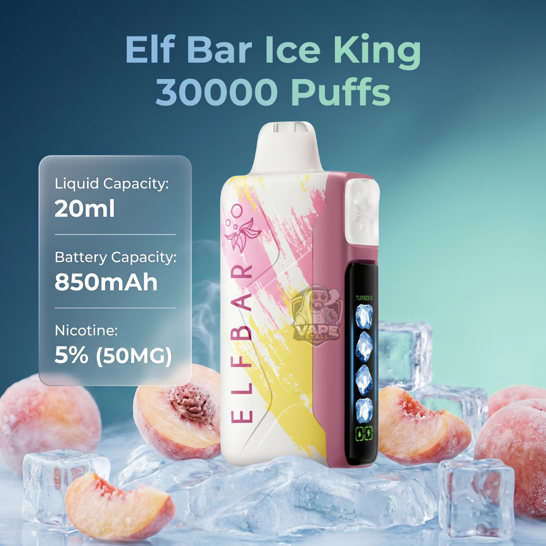 ElfBarIceKing30000PuffsPeachice, Elf Bar Ice King vape device with peach slices and ice cubes on a blue background